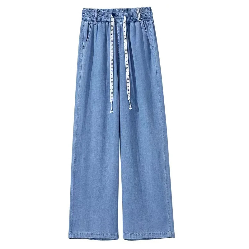 Wide Leg Pants Women Jeans Stretch Elastic Waist Lace Up Drawstring Distressed Washed Streetwear 2025 Summer Denim Trousers 260605