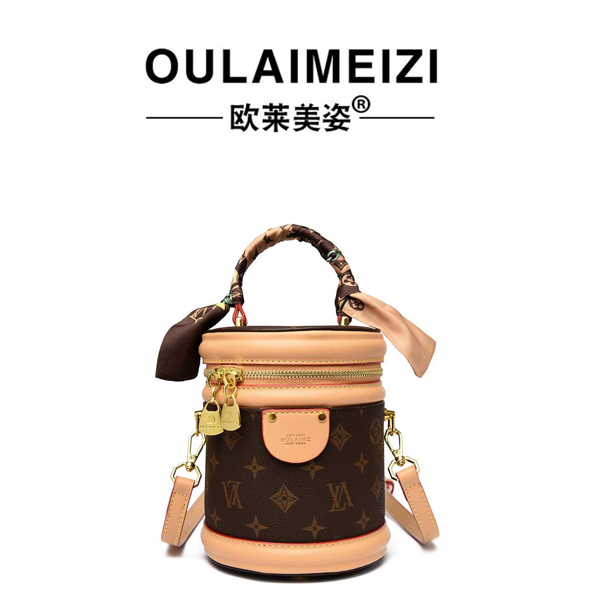 2026 new OULAIMEIZI designer Style Women's Fortune Bucket Bag Handbag Cylindrical Bag Retro Print Versatile Shoulder and Crossbody Bag