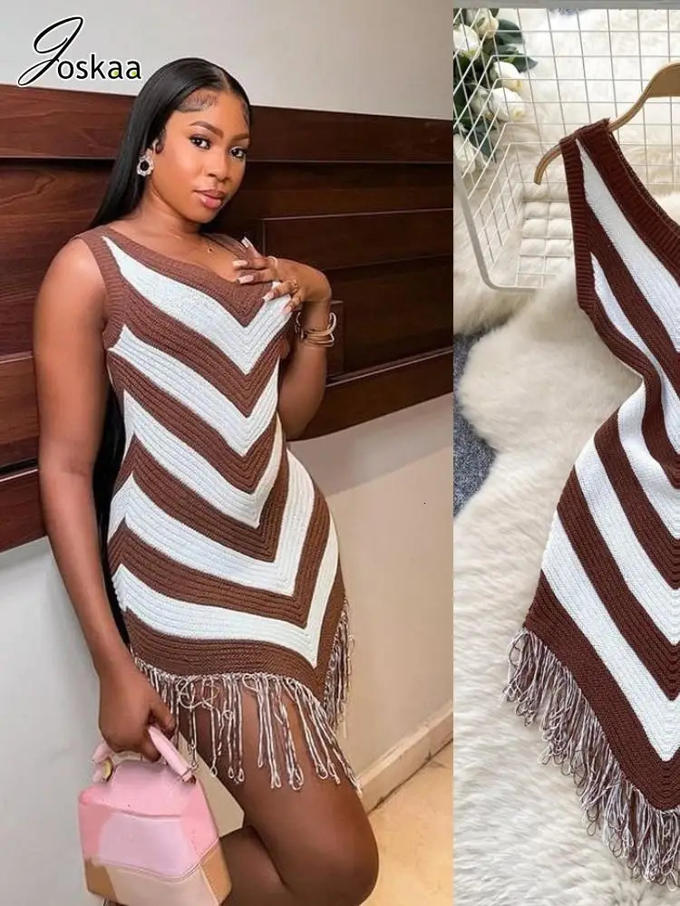 Joskaa Womens Striped Patchwork Knitted V-Neck Sleeveless Bodycon Asymmetric Fringe Hem Dress Holiday Beach Streetwear 260610