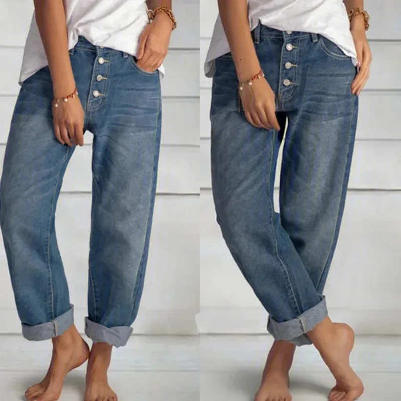 Jeans Straight Pants Women Denim Spliced Button Loose Pockets High Waist Wash Ankle Length Vintage Distressed Basics 260605