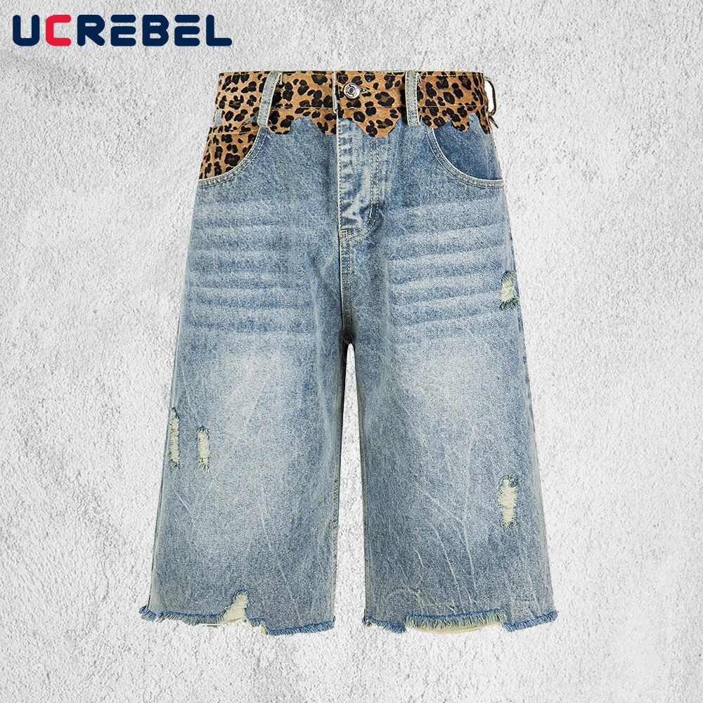 Leopard Patch Denim Shorts Mens Summer Ripped Retro Washed Distressed Baggy Wide Leg Raw Hem Short Jeans Man 260603