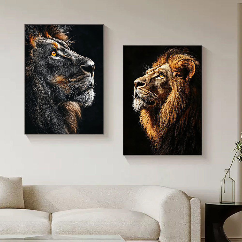 Lot de 2 majestueuses têtes de lion mâles - Décoration murale à contraste élevé - Portrait de lion sauvage - Crinière dorée réaliste - Décoration