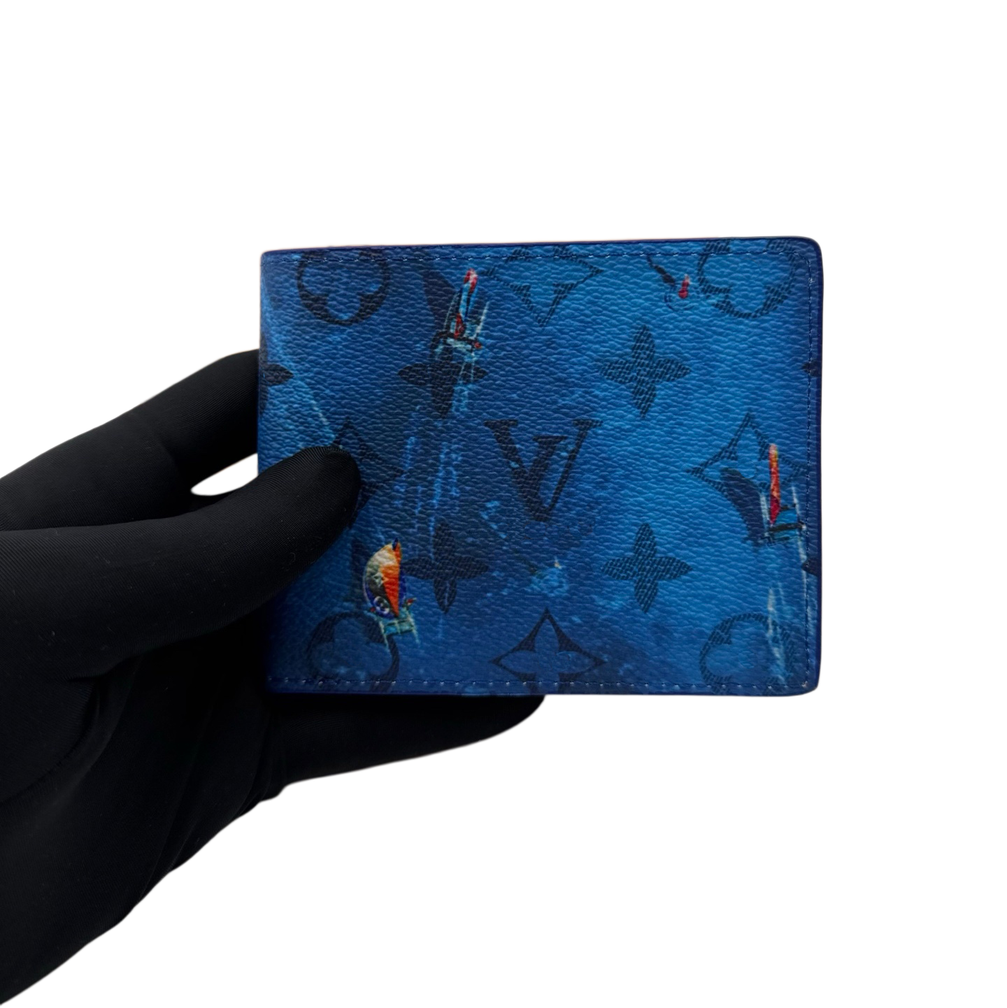 2026 Summer Blue Lagoon Monogram Bifold Wallet Water Sports Print Canvas Short Card Holder, Men's Slim Purse For Daily & Casual Use, With Dust