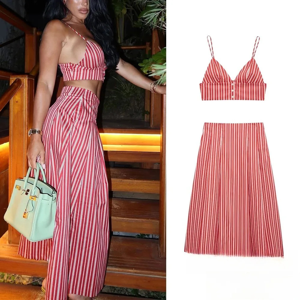 KONDALA Sexy Striped Print Women Suits V Neck Corset Short Tops High Waist Loose Skirts Fashion Summer Beach Style Sets 260611