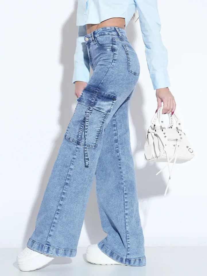 Womens Washed Utility Jeans with Multiple Pockets - Stylish and Practical Denim Pants for Everyday Wear 260605