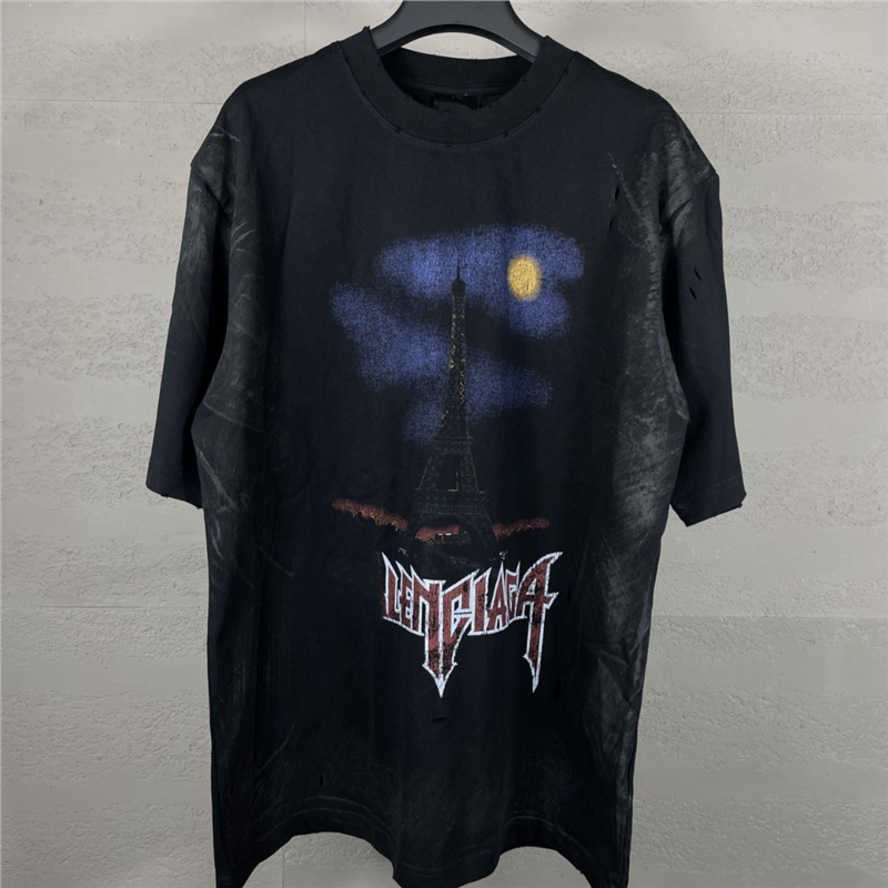 Paris High-End Version Summer B-brand T-shirt with upright Eiffel Tower inkjet graffiti hand-painted gradient washed and distressed short-sleeve T-s