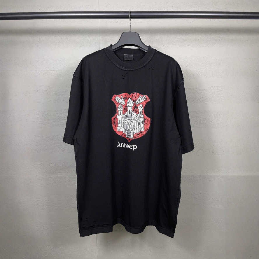 Paris Version B High-Quality Trendy Front Print Ready-to-Wear Washed Distressed Reverse Stitching Short Sleeve T-Shirt{category}