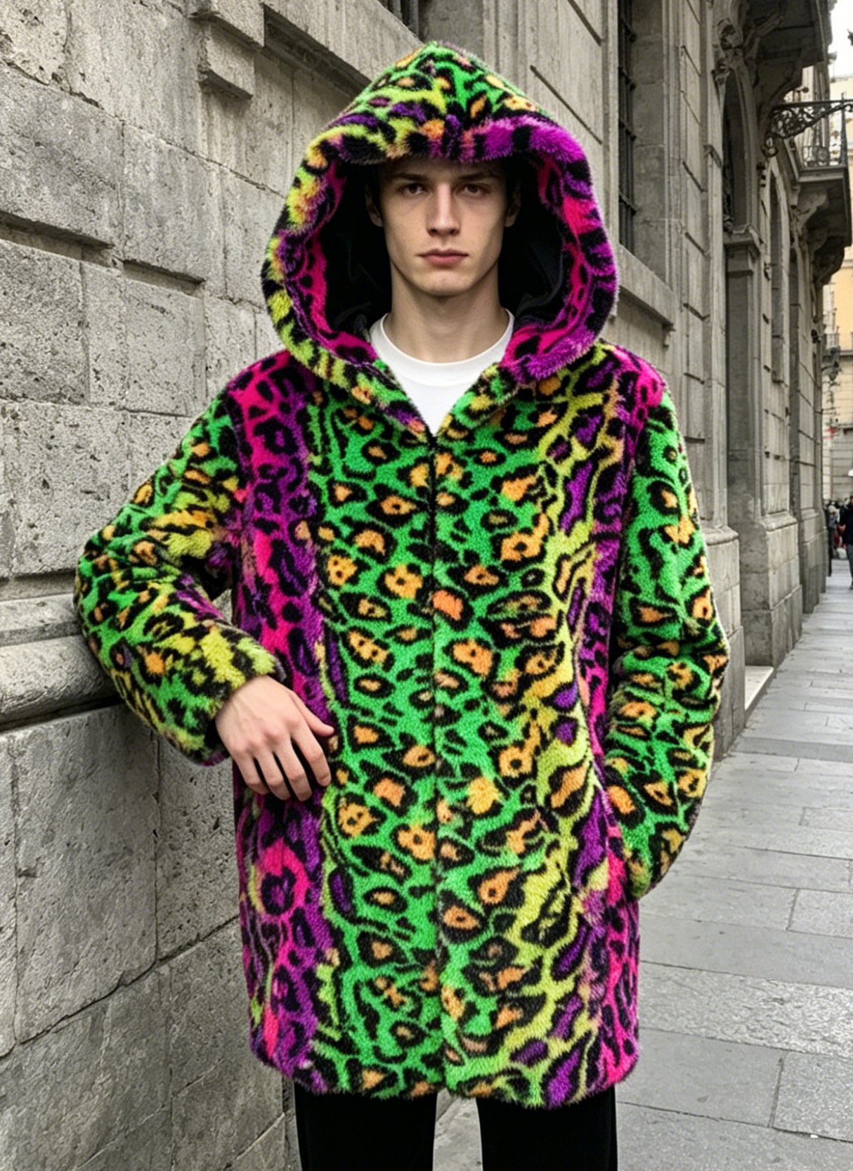 Stage Wear Men's Mid-Length Hooded Faux Fox Fur Coat with New Lynx Print