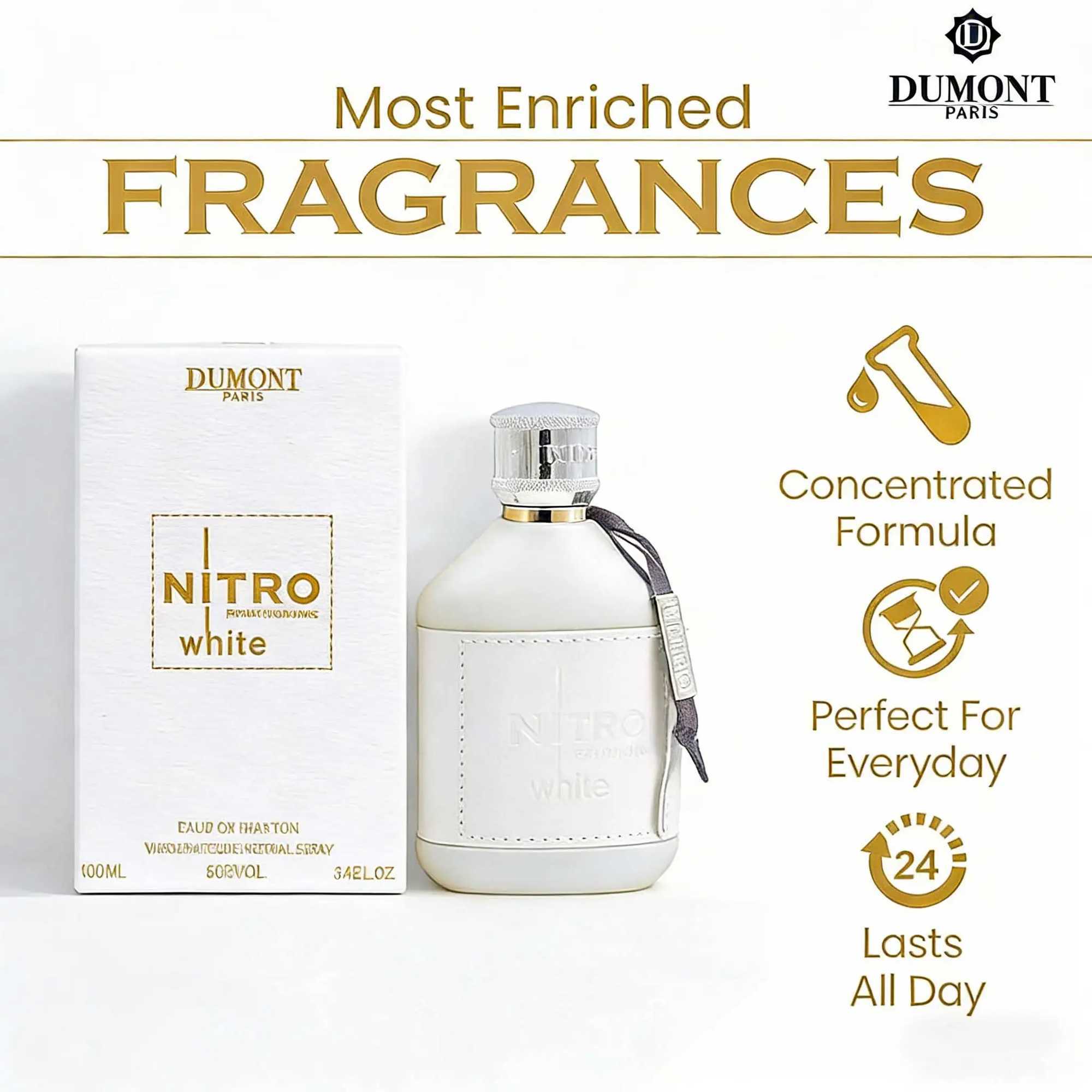 Nitro White mens perfume 34oz 100ml wood oriental flavor bergamot blackcurrant pepper and jasmine musk and vanilla finish suitable for men who pursu