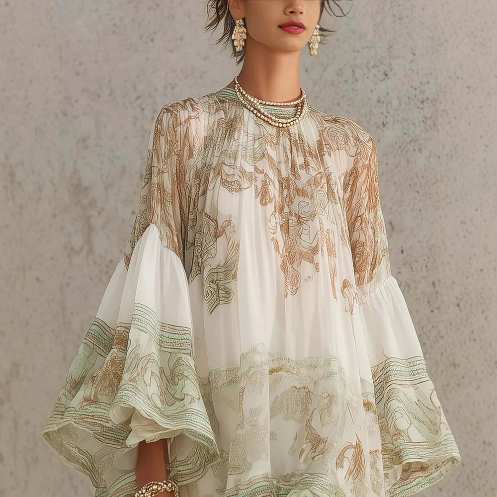 Women Vintage Floral Print Ruffle Trim Mini Dress Elegant Flare Sleeve Round Neck Loose Boho Beach Summer Irregular Hem Vestidos 260605