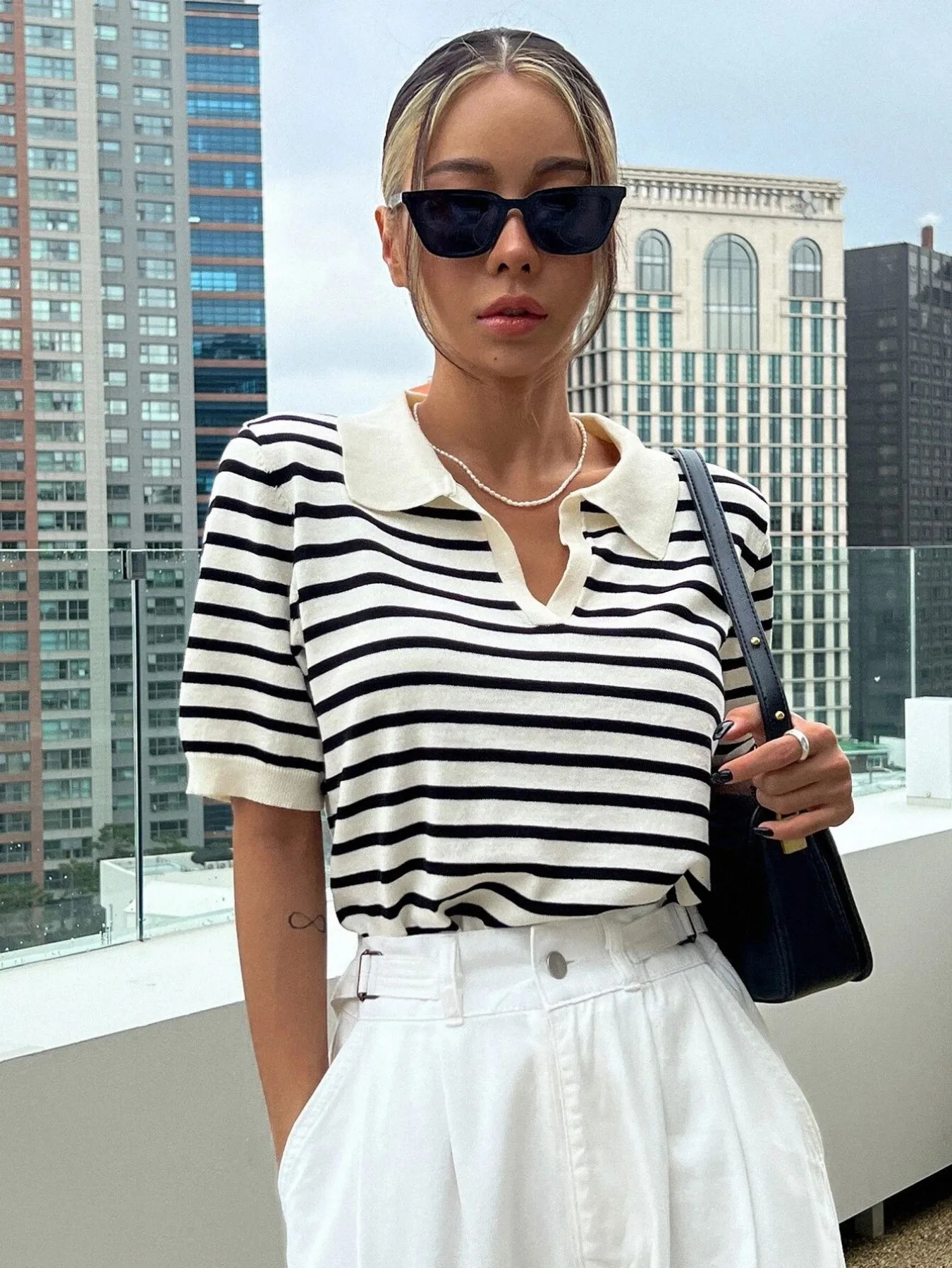 2026 Womens Black White Striped Knit Polo Top Short Sleeve Collared V Neck Sweater Casual Daily Wear Summer Streetwear Top 260610