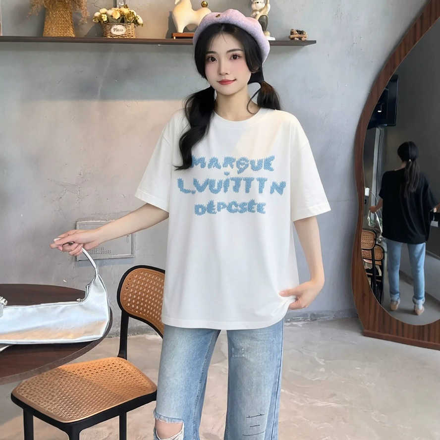 Lujia T-shirt per uomo e donna stesso stile per coppie camicia a maniche corte ampia con ricamo di lettere blu girocollo T-shirt in puro cotone di m