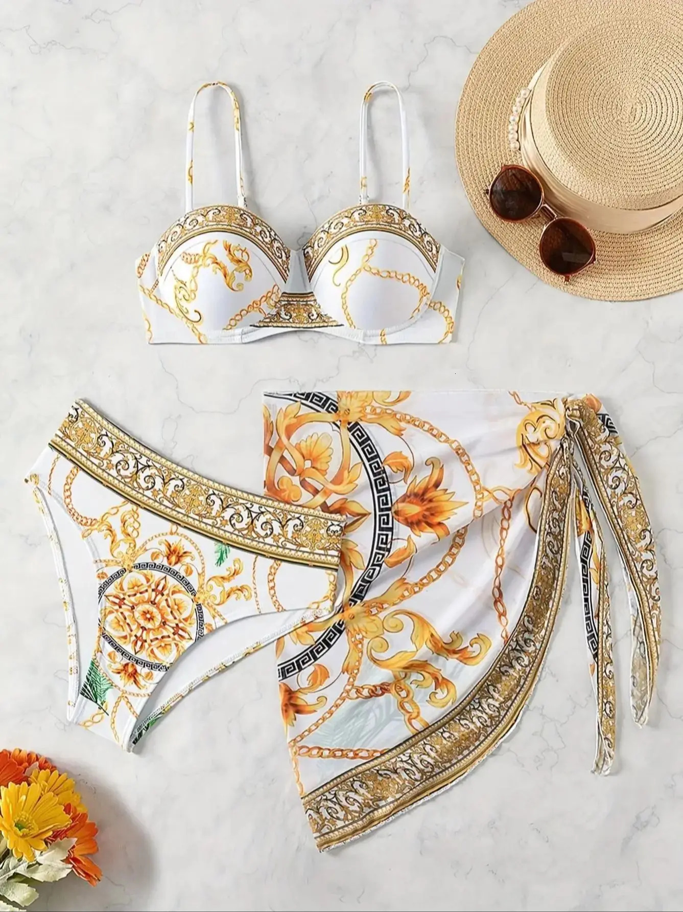Summer Beach Vacation Chain Print Wrap Dress Bikini Swimwear ThreePiece Set for Women 260602