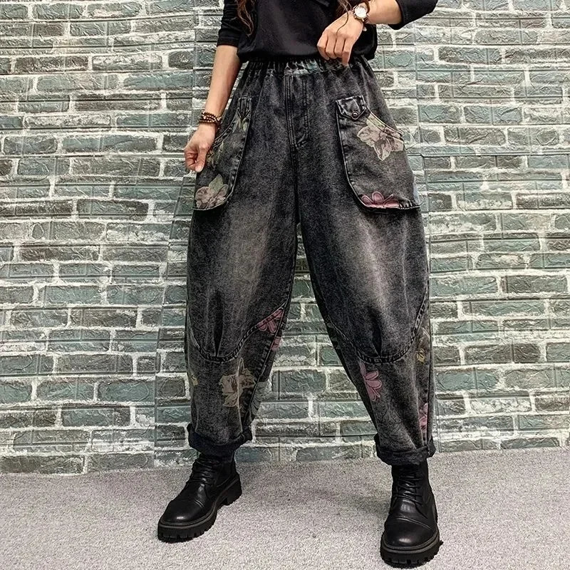5XL Jeans Spring/Summer Fashion Printed Jeans Retro Washed Harem Pants Autumn Denim Pant Women Jeans Elastic Waist Trousers 260605
