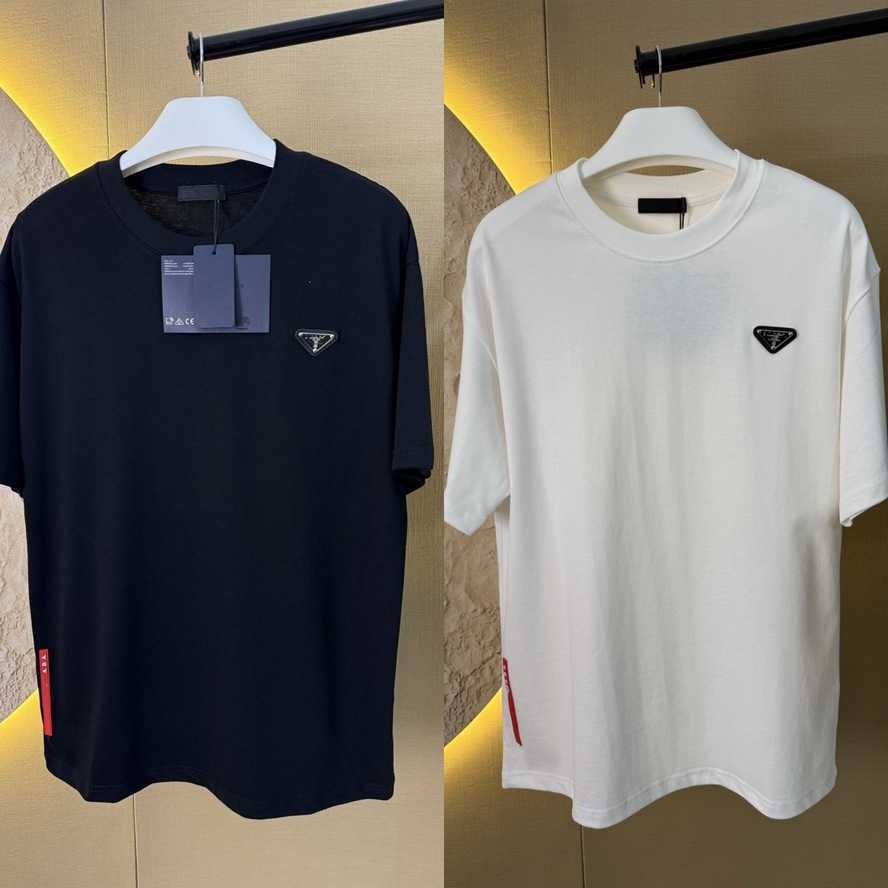 High-end P-brand T-shirt summer new model with metal triangle logo and three-dimensional red rubber stripe loose fit for both men and women{category