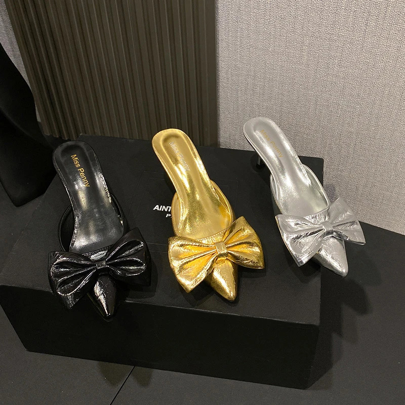 Womens high-heeled silver open-toe slip-on shoes for outdoor wear summer trendy French-style small bow sandals 260611