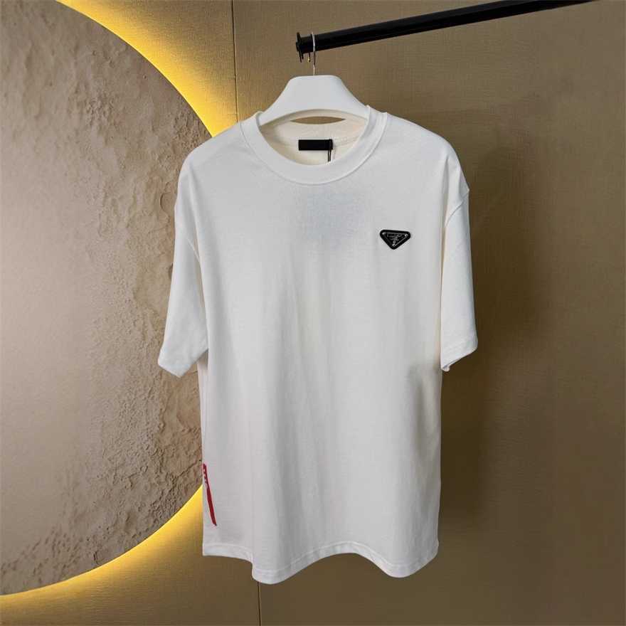 High-end P-brand T-shirt 2025 summer new model with metal triangle logo and three-dimensional red rubber stripe loose fit for both men and womenZOTX