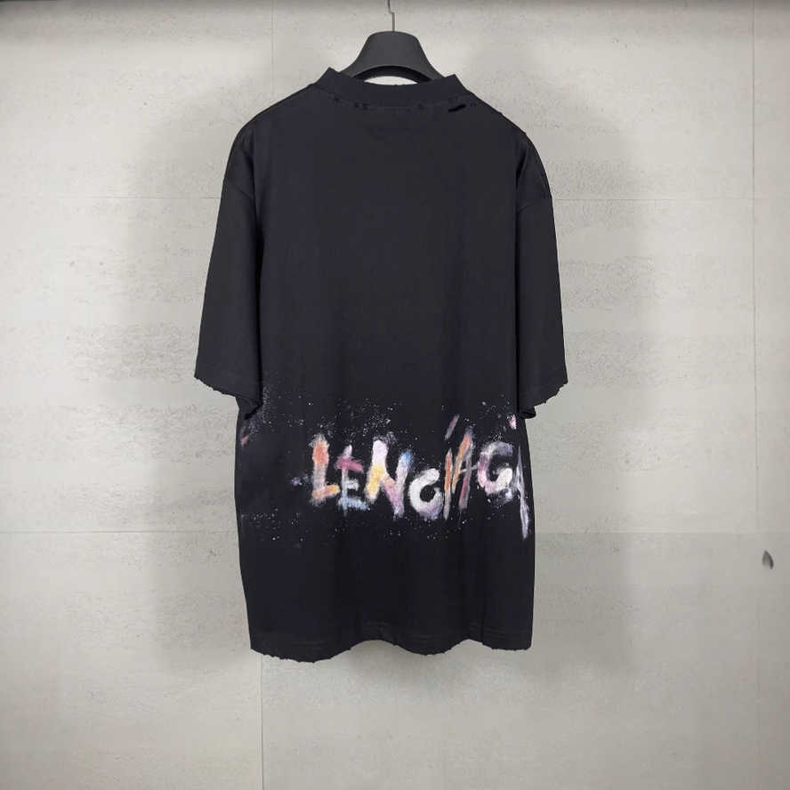 Version Paris New B Wheat Spike Embroidery Letter Colorful Hand-painted Graffiti Colorful Vintage Short Sleeve T-shirt{category}