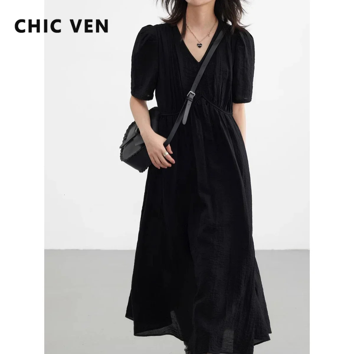 CHIC VEN Women Dresses French Style Vintage Vneck Puff Sleeve Long Dress Solid Black Loose Female Clothing Summer 2023 260605