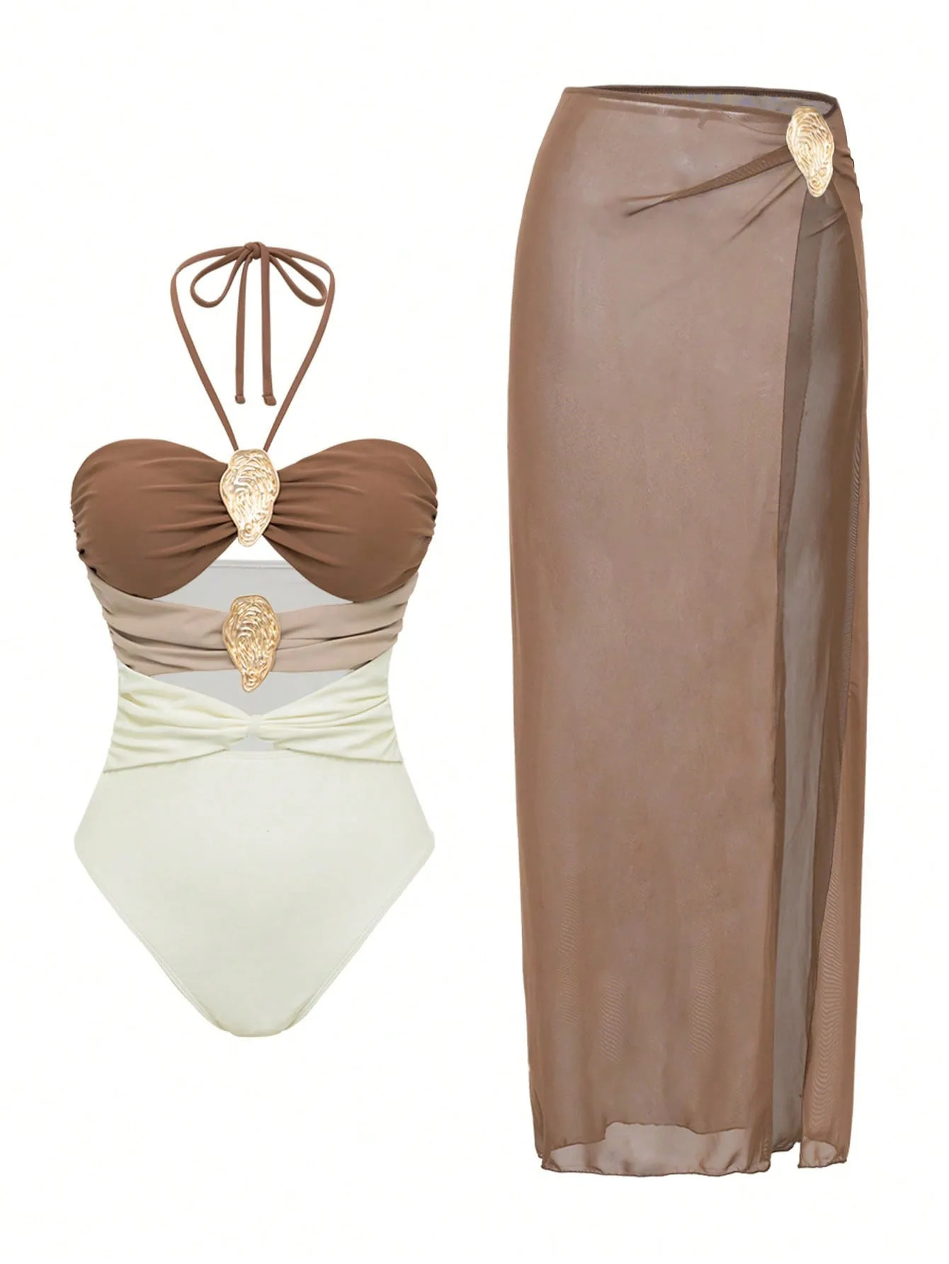 Vintage Brown Patachwork One Piece Swimsuit 2026 Women Sexy Hollow Out Backless Mesh Skirt Swimwear Set Summer Bathing Suits 260610