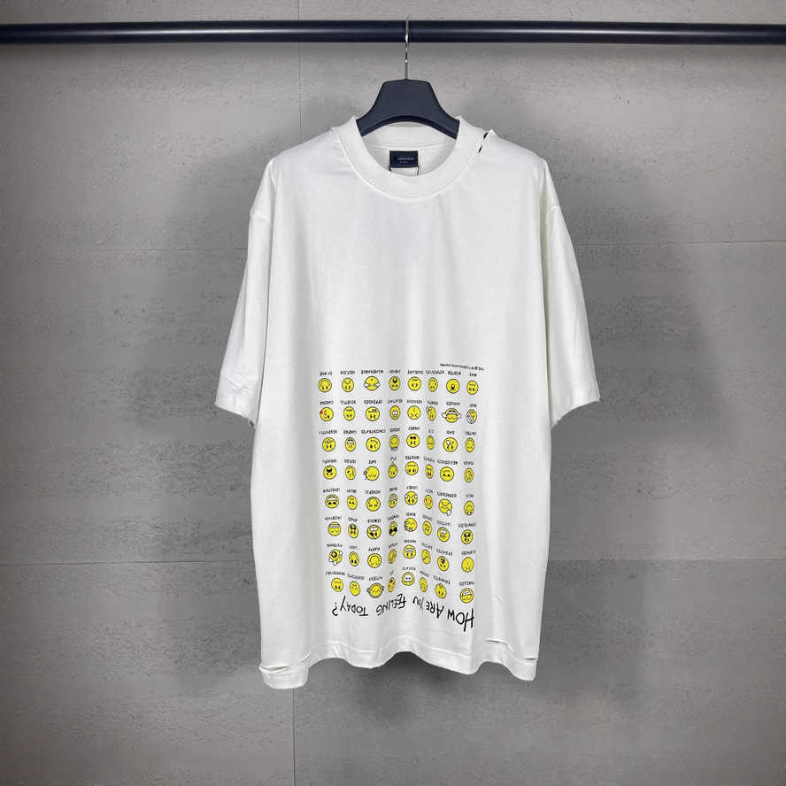 Version Paris Trendy B Home New Smiley Face Expression Collection Printed Washed Vintage Distressed Short Sleeve T-Shirt{category}