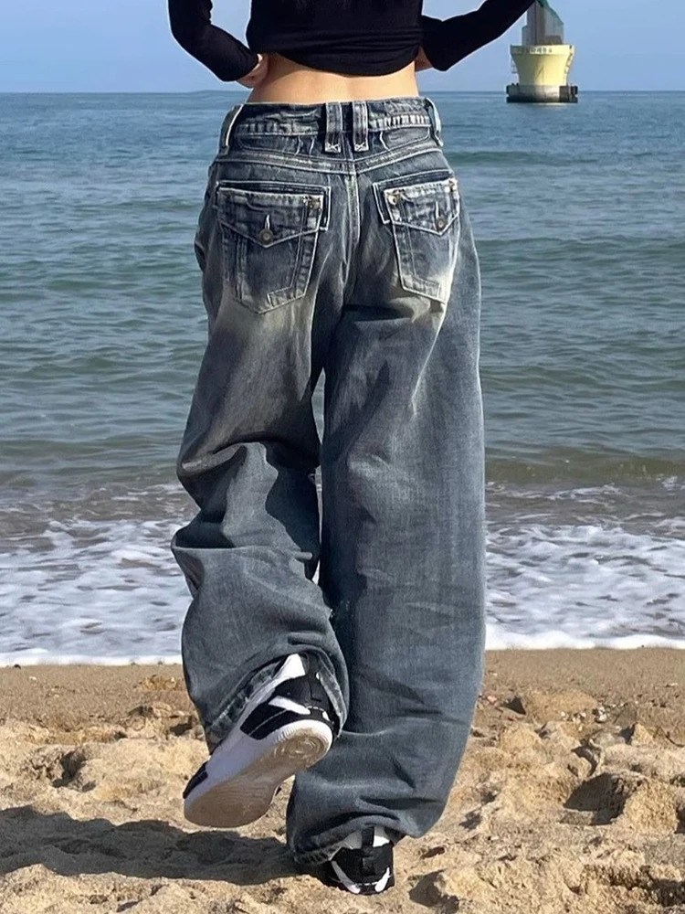 WCFCX STUDIO Jeans vintage a gamba larga lavati americani Pantaloni a vita alta in denim dritto allentato versatile a vita alta 260605
