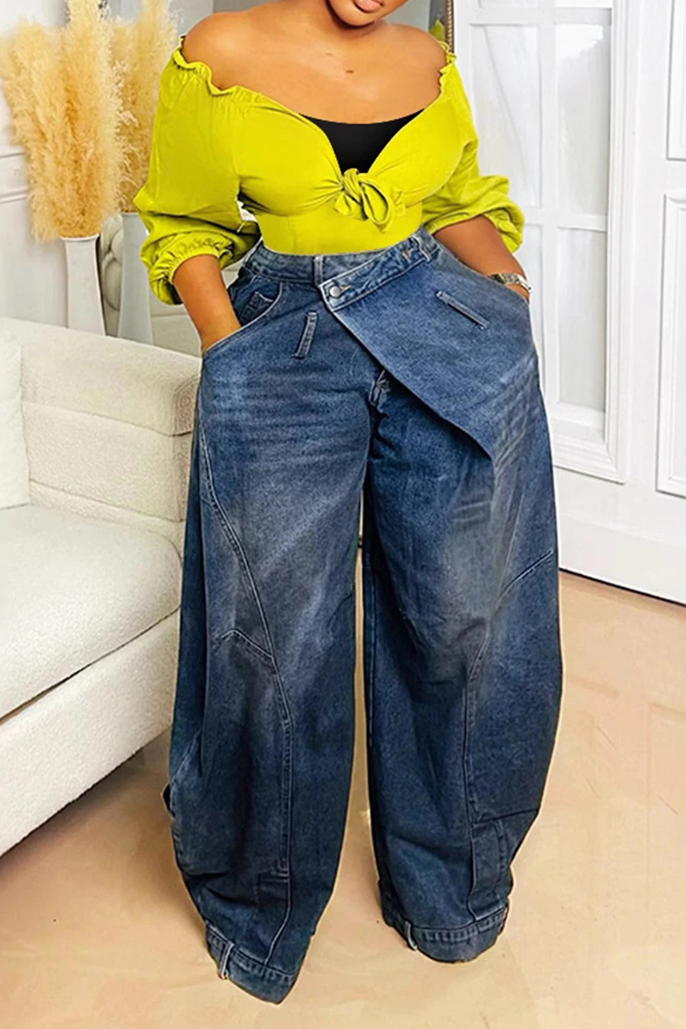 Women Loose Denim Jeans Pants Asymmetric Button Pocket Washed Casual Harajuku High Street Grunge Denim Trouders Jeans for Women 260605