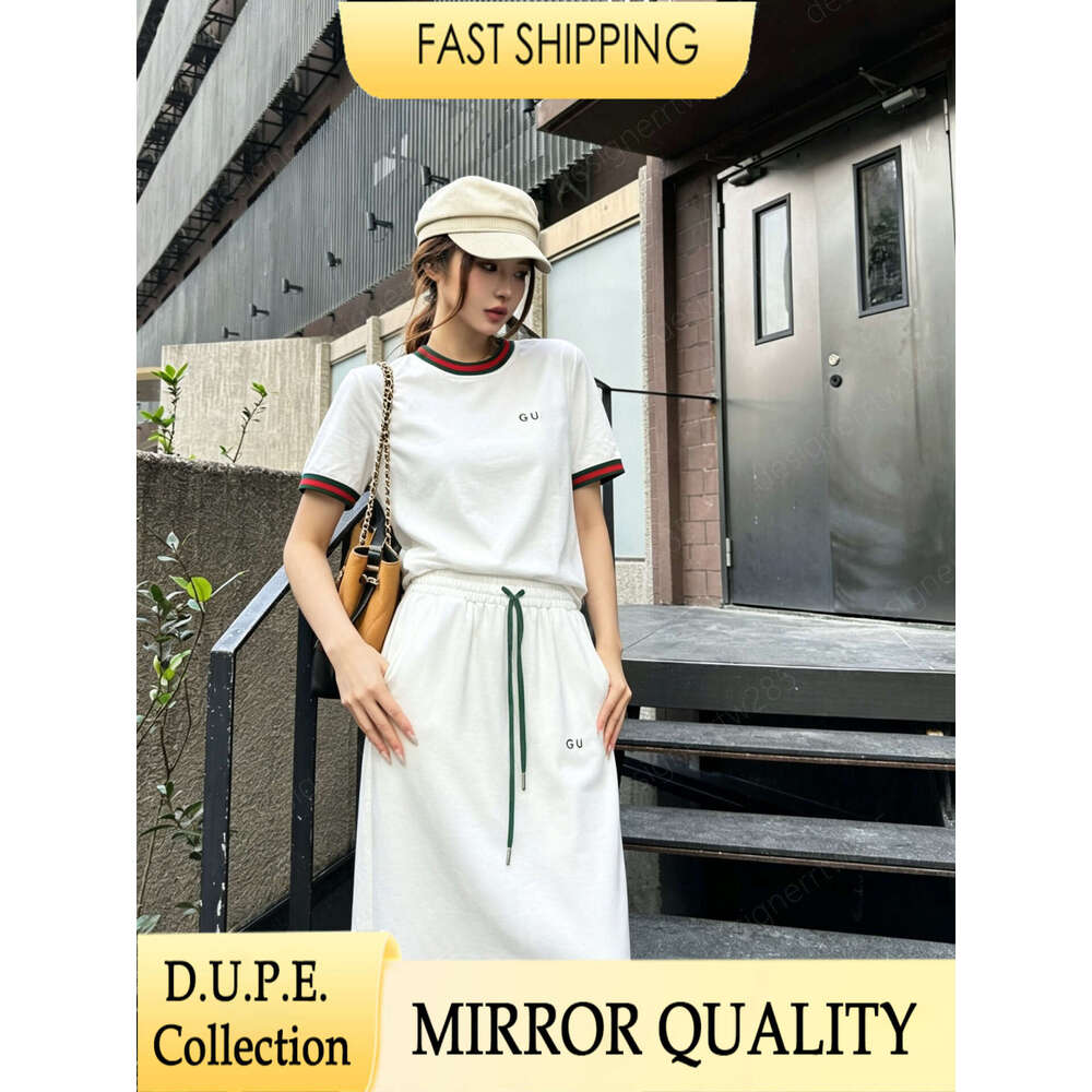Designer Tracksuit Skirt Set Cotton Grey T Shirt Luxury Letter Embroidered Badge Web Stripe Tops Maxi Skirts Matching Sets 2 Piece Outfits Vestidos