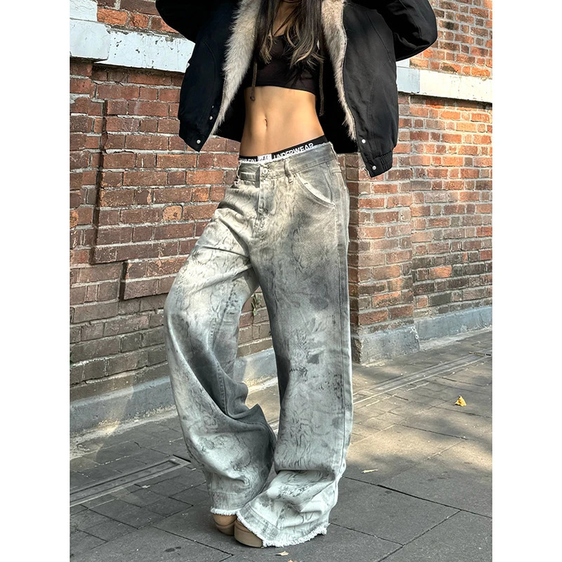 Vintage Aesthetic Emo Loose Washed Pants 2025 Spring Womens Casual Harajuku Style Jeans Y2K Wide Leg Punk Baggy Denim Trouser 260605