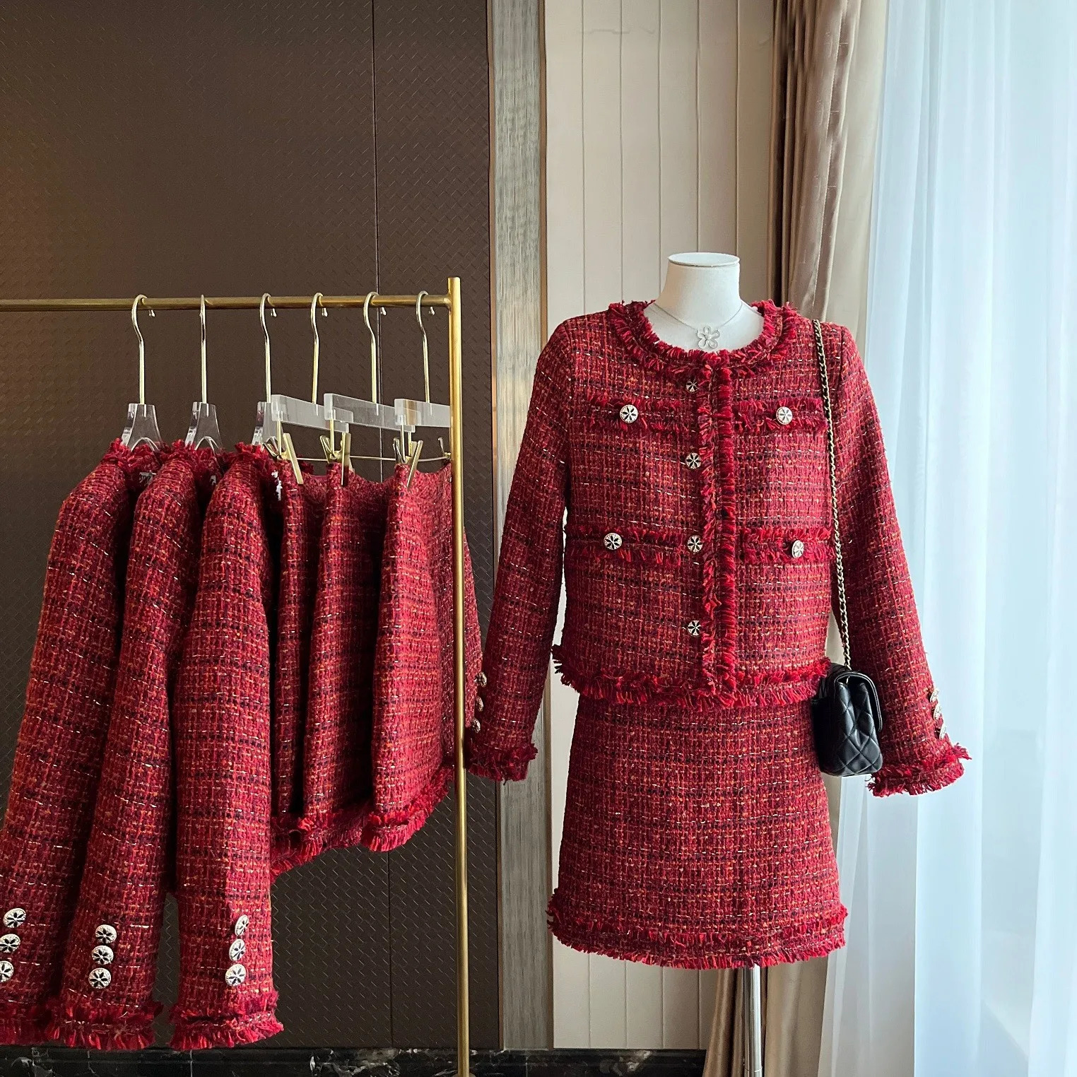 Womens Vintage Fringed Hem Two Pieces Tweed Skirt Suit Lady Spring Autumn Streetwear O Neck Long Sleeve Loose Jacket 260609BANJIABANJIA