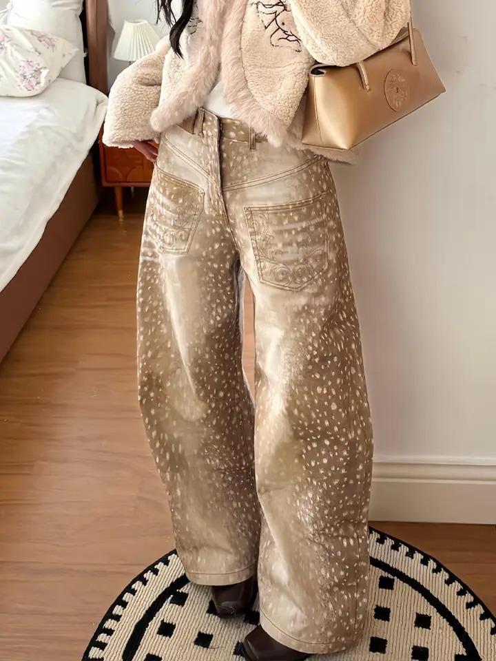 Deeptown Vintage Animal Print Women Jeans Washed Distressed Embroidery Wide Leg Denim Trousers American Style Baggy Pants Casual 260605