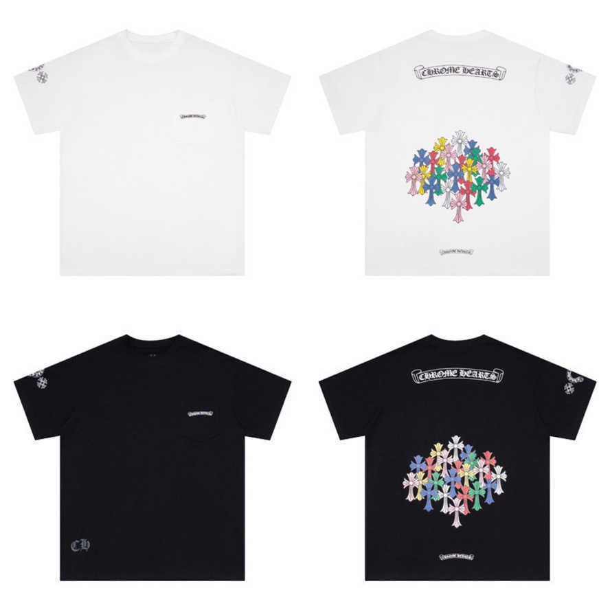 Correct Version Summer New CH Crow Scroll Letter Colorful Cross Group Flower Arm Casual Short Sleeve T-Shirt{category}