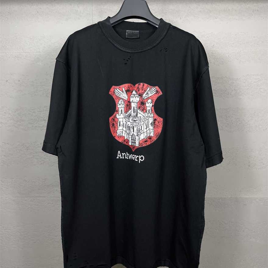Paris Version B Brand High-Quality 25 Trendy Brand Front Print Ready-to-Wear Washed Distressed Reverse Stitching Short Sleeve T-ShirtJEB1