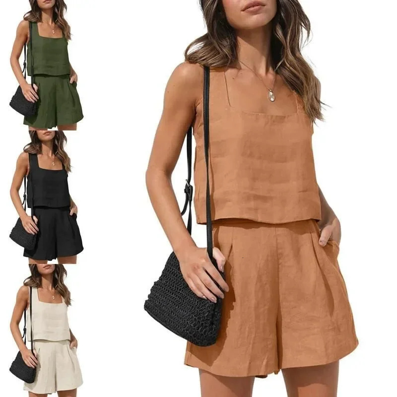 2025 2piece Leisure Suit Linen Shorts Sleeveless Top Vest Tweed Set Sets Outfits Two Piece Women 260609BANJIABANJIA