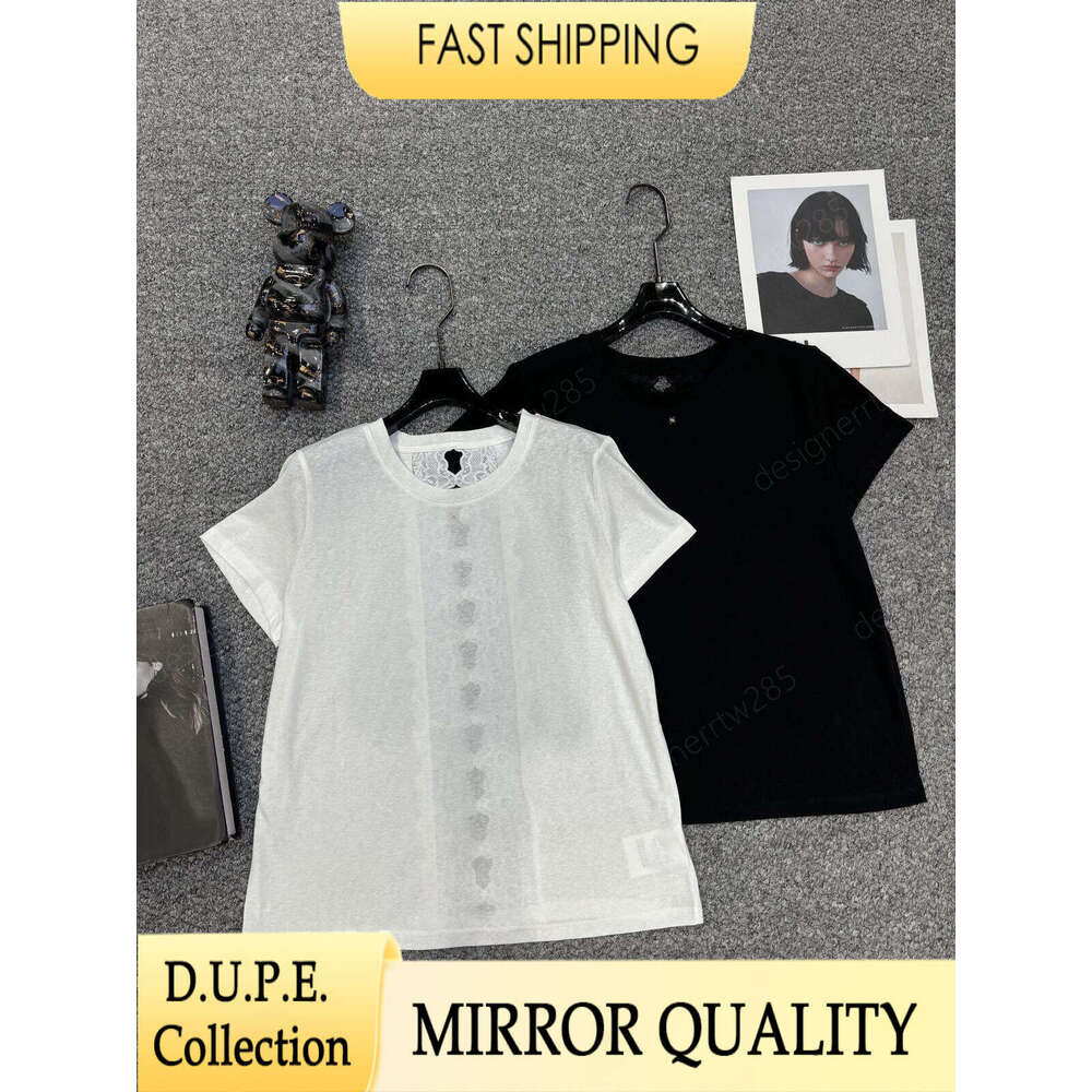 Luxury Designer Lace Tee Shirt White Cotton Blouse Metal Badge Hollow Out Crewneck Short Sleeve Tops Summer Casual Camisole Women Vestidos
