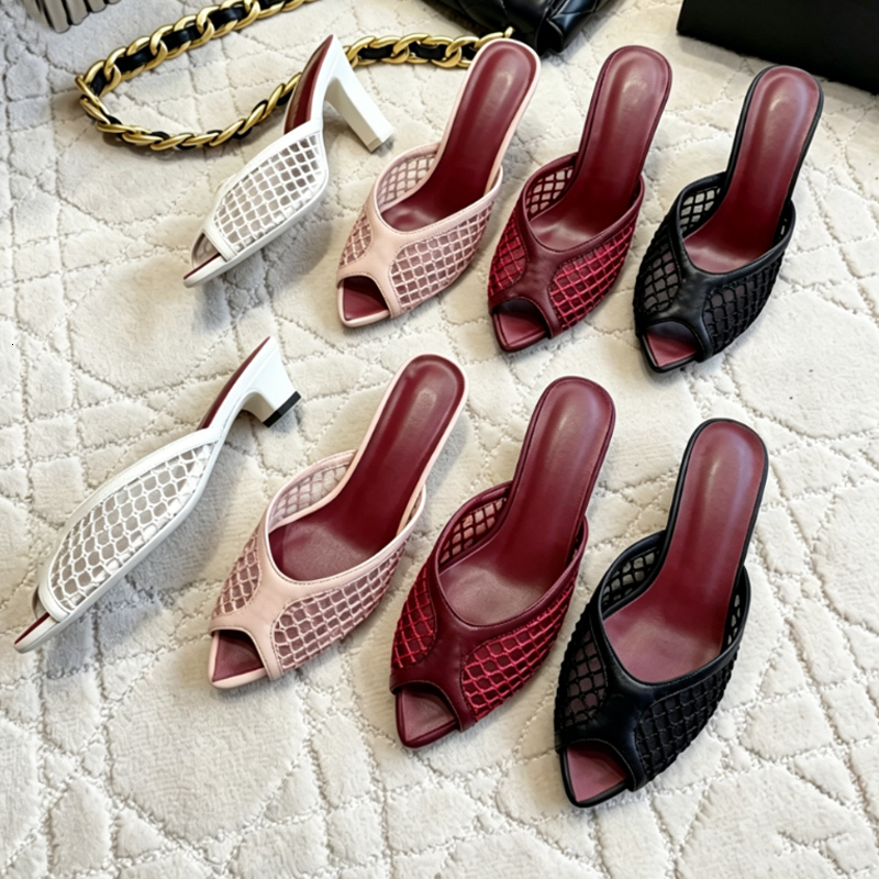 Designer strass maille Mules femmes perles talons sandales cristal à talons hauts chaussures de soirée sandales d'été talon en cuir élégant PeepT