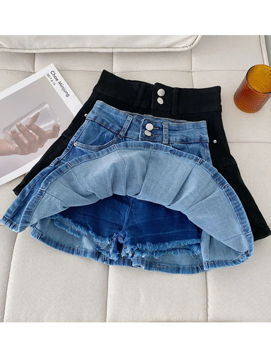 Womens High Waist Pleated Denim Mini Skirt Vintage Washed Skort with Safety Shorts Blue Black 3 Colors 260602