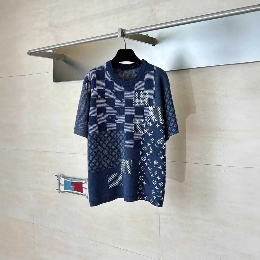 Correct version Lujia Spring and Autumn New Checkerboard Pattern Irregular Patchwork Knit Short Sleeve Unisex Versatile T-shirt{category}