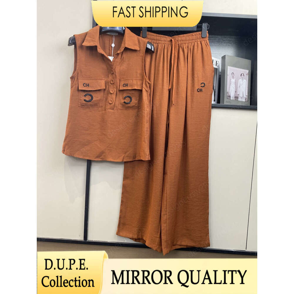 Designer Linen Pants Set Sleeveless Shirt Vest Wide Leg Trousers Letter Embroidered Luxe Outfits Camisetas Gown Vestidos-image-1110319993