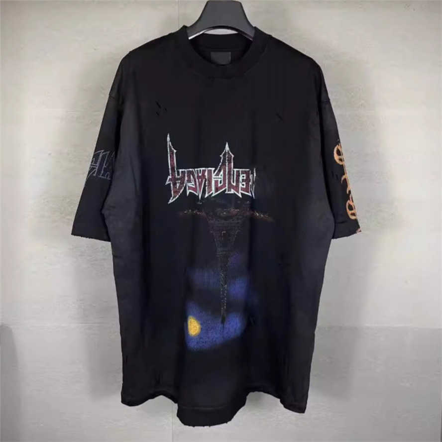 Paris SS24 New Version B Inverted Night View Eiffel Tower Sanskrit Letter Graffiti Hand-painted Gradient Short Sleeve T-shirt{category}