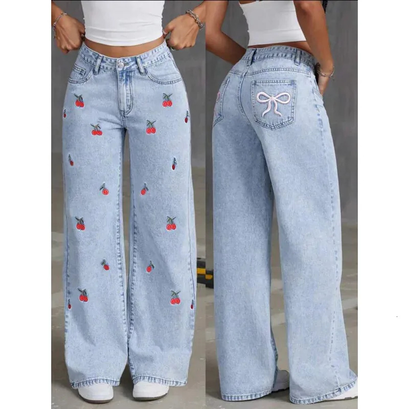 Women Jeans Embroidery High Waist Distressed Washed Pockets Vintage Floor Length Trousers 2025 Denim Wide Leg Pants Streetwear 260605
