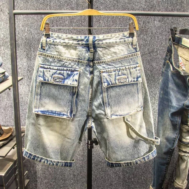 Vintage Hole Denim Shorts Men Multi Pocket Patchwork Cargo Short Pants Streetwear Fashion Gradient Jeans Summer Casual Shorts 260611