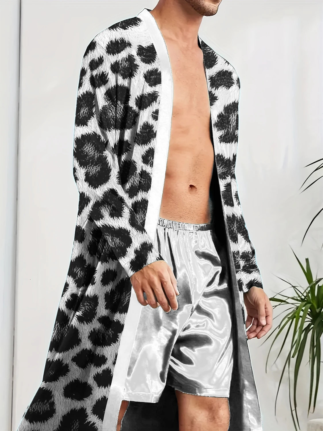Mens Robes digital printed leopard print spring and autumn thin style quick drying medium long summer airconditioned pajamas 260611