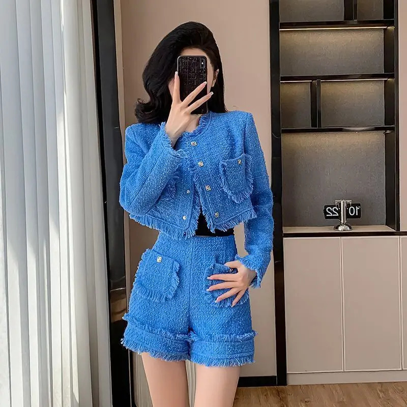 Blue Tweed Skirt Set for Women Spring Autumn Small Fragnance Style 2 Pieces Suit Arrival Jacket TopsShorts Outwear 260609BANJIABANJIA