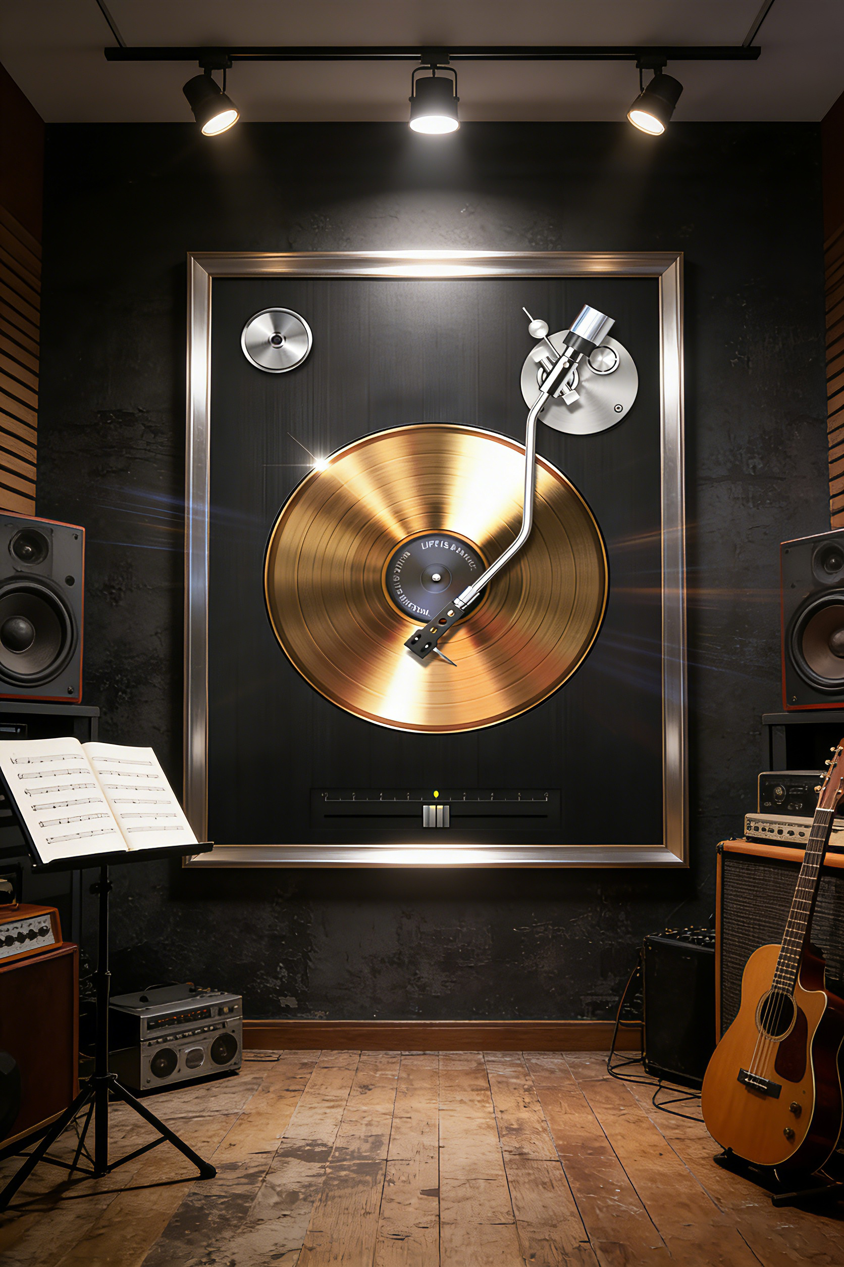 Luxury Black & Gold Vinyl Record Player Wall Art, Modern Retro Music Decor with "Life Is A Dance" Quote, Metallic Gold Turntable Print-image-1110129799