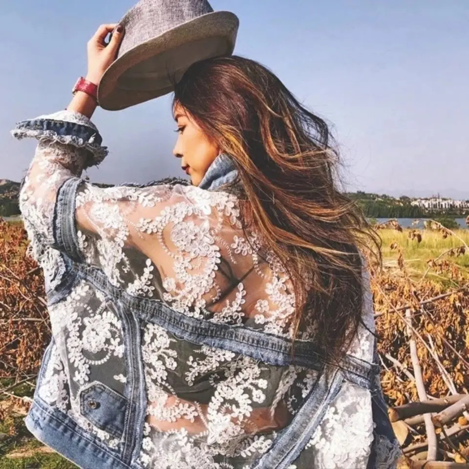 Chic 3D Flowers Embroidery Lace Spliced Loose Denim Coat Perspective Sunscreen Jacket Hollow Jeans Handmade Holes Cardigan Tops 260605
