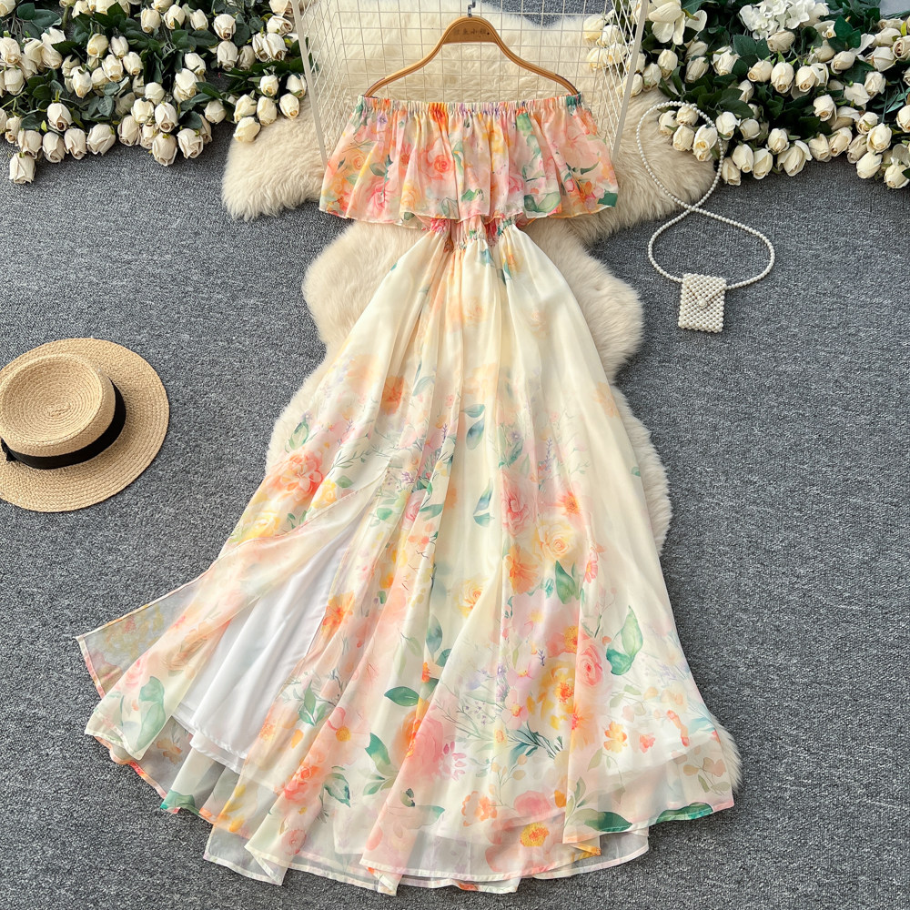 Holiday style one-word shoulder ruffle edge printed dress women's spring summer Korean version high waist thin elegant long dress