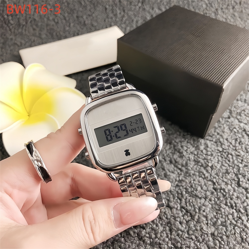 Women Men Silver Rose Gold Stainless Steel Span Bear Electronic Watch Square Four Pink Bracelets Pulsera Span Jewelry A Gift-image-1110103752