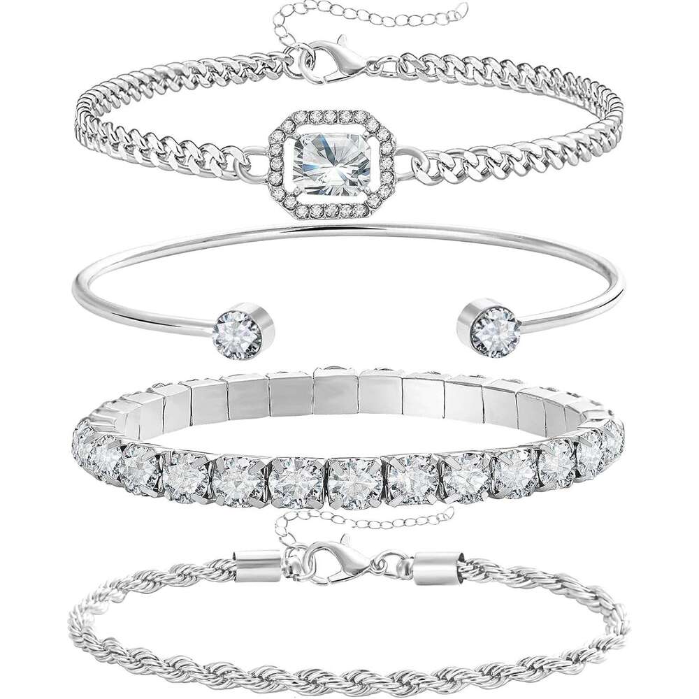 Ensemble de 4 bracelets exquis en or et argent pour femme, chaîne plaquée or 14 carats avec zircone cubique, chaîne superposée en trombone, bijou