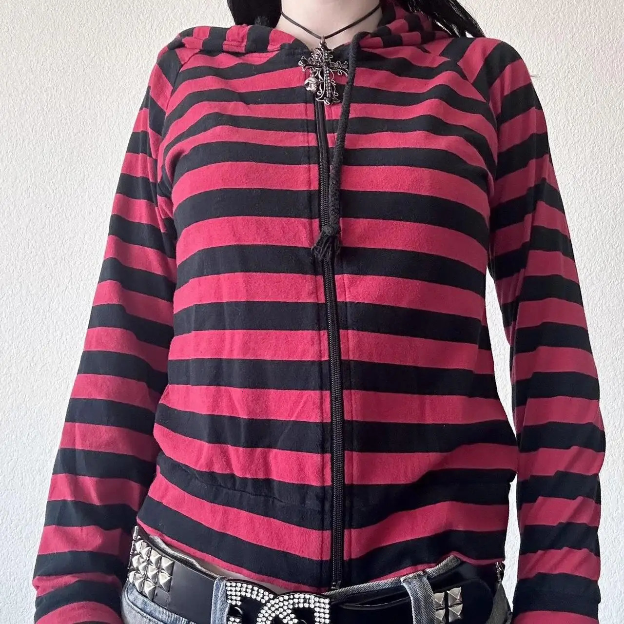 Y2K Striped Zip Up Hoodies Sweatshirts for Women E-girl Gothic Emo Mall Goth Sweatshirts 2000s Retro Harajuku Jackets Streetwear 260610